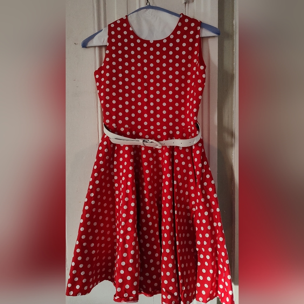 Red Polka Dot Kids Dress With White Belt